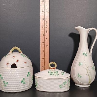 LOT 17: Belleek Shamrock Honey Pot Music Box, Trinket Music Box and Pitcher with Vintage Embroidery, Carrighdhoun Pottery & More