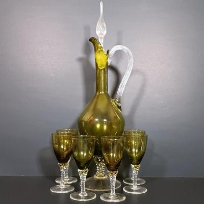 LOT 18: MCM Green Glass Decanter with Cordial Glasses