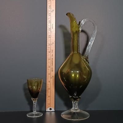 LOT 18: MCM Green Glass Decanter with Cordial Glasses