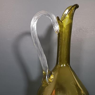 LOT 18: MCM Green Glass Decanter with Cordial Glasses