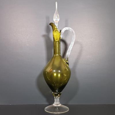 LOT 18: MCM Green Glass Decanter with Cordial Glasses