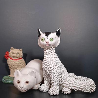 LOT 21: Cast Iron Cat Doorstop, Chalkware Crouching Cat & Italian 'Spaghetti Cat' (Some Broken Fur)
