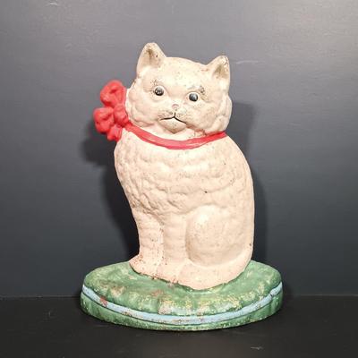 LOT 21: Cast Iron Cat Doorstop, Chalkware Crouching Cat & Italian 'Spaghetti Cat' (Some Broken Fur)