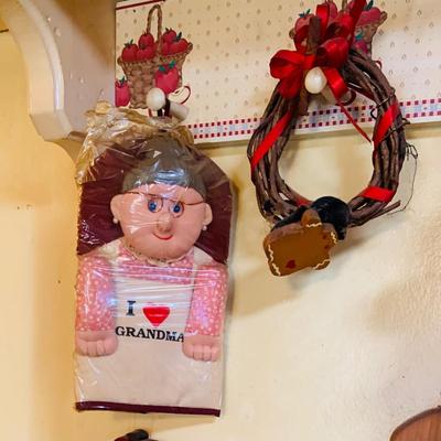 LOT 32: Grandma's Country Kitchen Decor Collection Including Needlework Wall Art, Gingerbread Men Ornaments Basket and Much More