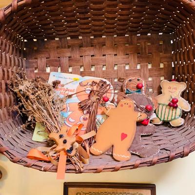 LOT 32: Grandma's Country Kitchen Decor Collection Including Needlework Wall Art, Gingerbread Men Ornaments Basket and Much More