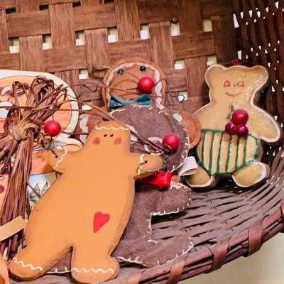 LOT 32: Grandma's Country Kitchen Decor Collection Including Needlework Wall Art, Gingerbread Men Ornaments Basket and Much More