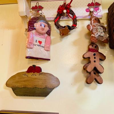 LOT 32: Grandma's Country Kitchen Decor Collection Including Needlework Wall Art, Gingerbread Men Ornaments Basket and Much More