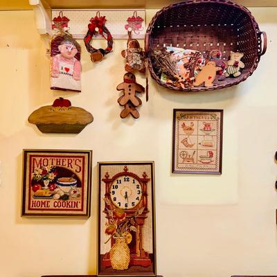 LOT 32: Grandma's Country Kitchen Decor Collection Including Needlework Wall Art, Gingerbread Men Ornaments Basket and Much More