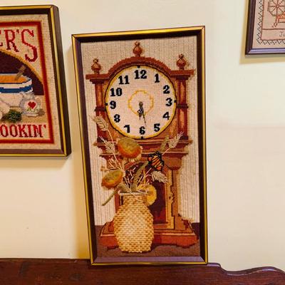 LOT 32: Grandma's Country Kitchen Decor Collection Including Needlework Wall Art, Gingerbread Men Ornaments Basket and Much More