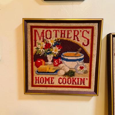 LOT 32: Grandma's Country Kitchen Decor Collection Including Needlework Wall Art, Gingerbread Men Ornaments Basket and Much More
