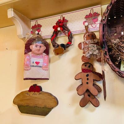 LOT 32: Grandma's Country Kitchen Decor Collection Including Needlework Wall Art, Gingerbread Men Ornaments Basket and Much More