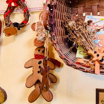 LOT 32: Grandma's Country Kitchen Decor Collection Including Needlework Wall Art, Gingerbread Men Ornaments Basket and Much More