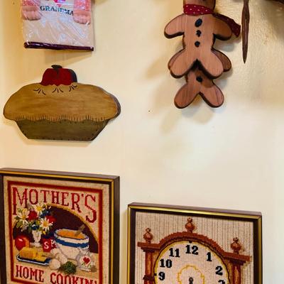 LOT 32: Grandma's Country Kitchen Decor Collection Including Needlework Wall Art, Gingerbread Men Ornaments Basket and Much More