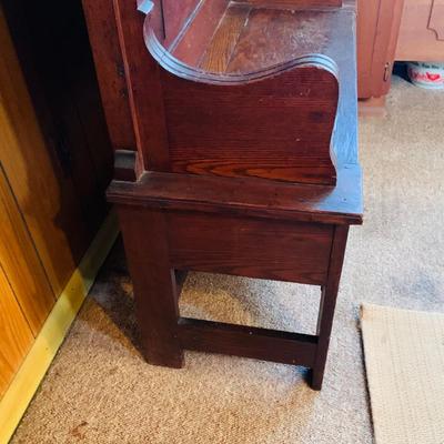 LOT 35: Large Antique Wood Hall Tree with Mirror and Storage Seat