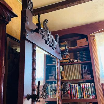 LOT 35: Large Antique Wood Hall Tree with Mirror and Storage Seat