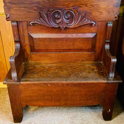 LOT 35: Large Antique Wood Hall Tree with Mirror and Storage Seat