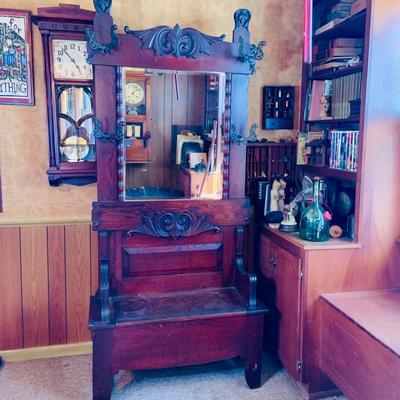 LOT 35: Large Antique Wood Hall Tree with Mirror and Storage Seat