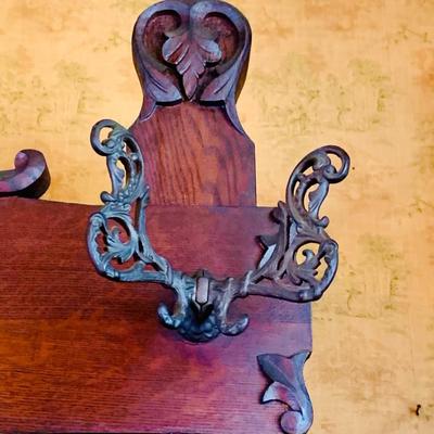 LOT 35: Large Antique Wood Hall Tree with Mirror and Storage Seat