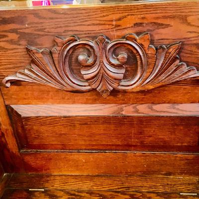 LOT 35: Large Antique Wood Hall Tree with Mirror and Storage Seat