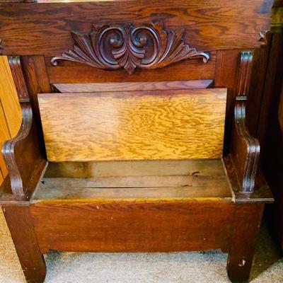 LOT 35: Large Antique Wood Hall Tree with Mirror and Storage Seat