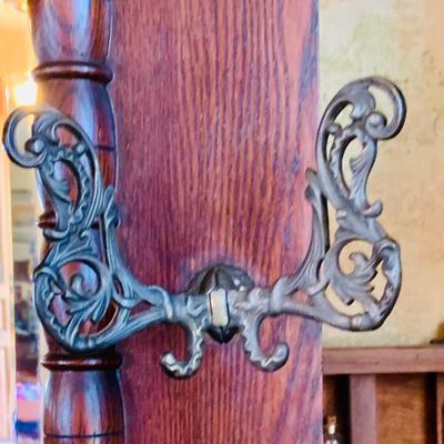 LOT 35: Large Antique Wood Hall Tree with Mirror and Storage Seat