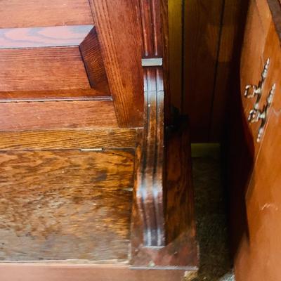 LOT 35: Large Antique Wood Hall Tree with Mirror and Storage Seat