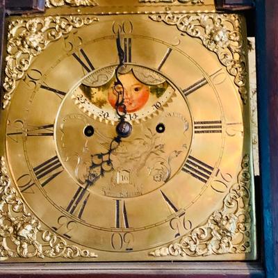 LOT 38: Antique Wooden Grandfather Clock with Golden/Brass Face and Golden/Brass Eagle Finials