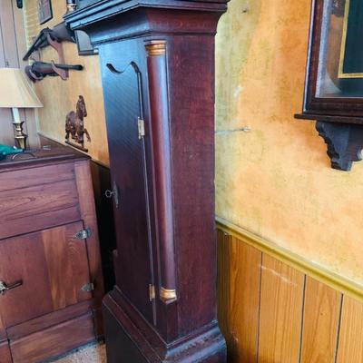 LOT 38: Antique Wooden Grandfather Clock with Golden/Brass Face and Golden/Brass Eagle Finials