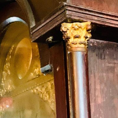 LOT 38: Antique Wooden Grandfather Clock with Golden/Brass Face and Golden/Brass Eagle Finials