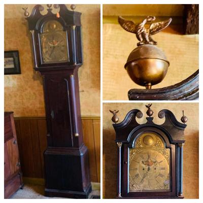 LOT 38: Antique Wooden Grandfather Clock with Golden/Brass Face and Golden/Brass Eagle Finials