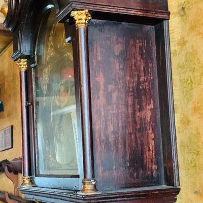 LOT 38: Antique Wooden Grandfather Clock with Golden/Brass Face and Golden/Brass Eagle Finials