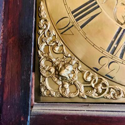LOT 38: Antique Wooden Grandfather Clock with Golden/Brass Face and Golden/Brass Eagle Finials