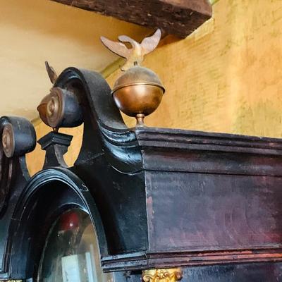 LOT 38: Antique Wooden Grandfather Clock with Golden/Brass Face and Golden/Brass Eagle Finials