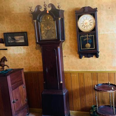 LOT 38: Antique Wooden Grandfather Clock with Golden/Brass Face and Golden/Brass Eagle Finials