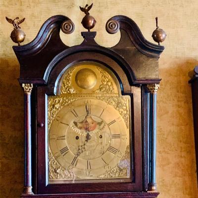 LOT 38: Antique Wooden Grandfather Clock with Golden/Brass Face and Golden/Brass Eagle Finials