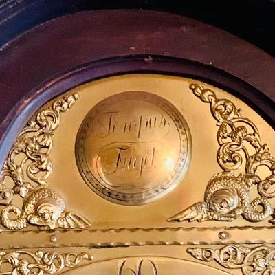 LOT 38: Antique Wooden Grandfather Clock with Golden/Brass Face and Golden/Brass Eagle Finials