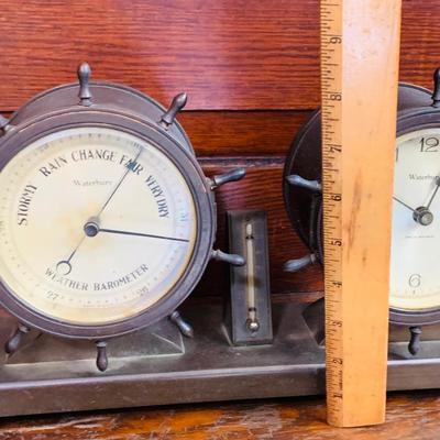 LOT 40: Vintage/Antique Waterbury Bronze Ship Bell Barometer, Clock and Therometer