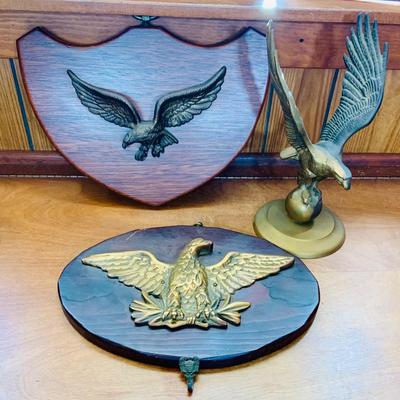 LOT 43: Wood Mounted Brass/Metal Eagles and a Brass Eagle Figure