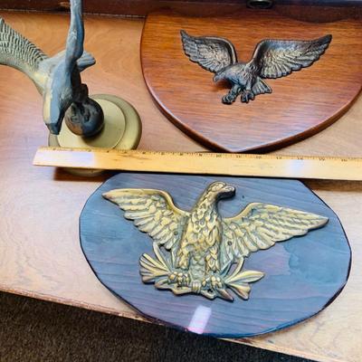 LOT 43: Wood Mounted Brass/Metal Eagles and a Brass Eagle Figure