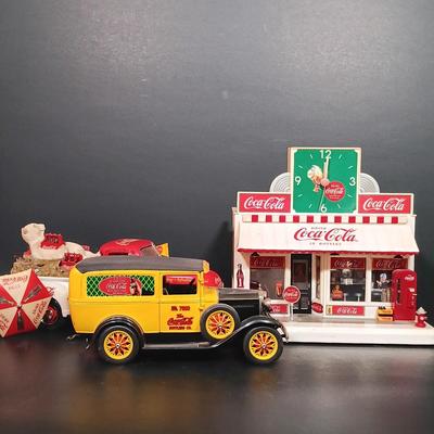Canister. Danbury Mint Coca-Cola Soda Fountain Clock w/ Coca-Cola Bear Pickup Truck & 1931 Delivery Truck