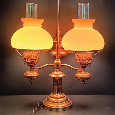 LOT 170: Brass Electrified Student Lamp with Yellow Glass Shades