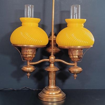 LOT 170: Brass Electrified Student Lamp with Yellow Glass Shades