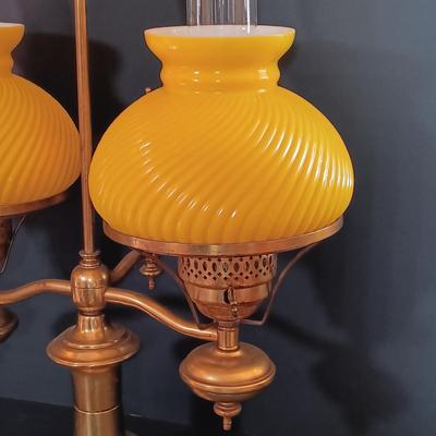 LOT 170: Brass Electrified Student Lamp with Yellow Glass Shades