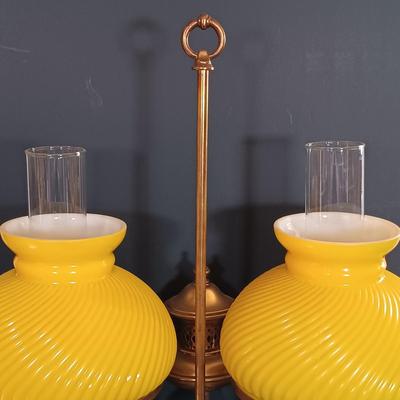 LOT 170: Brass Electrified Student Lamp with Yellow Glass Shades