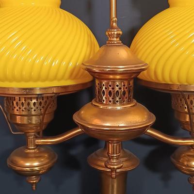 LOT 170: Brass Electrified Student Lamp with Yellow Glass Shades