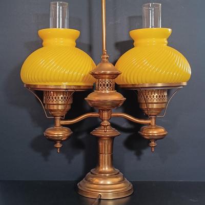 LOT 170: Brass Electrified Student Lamp with Yellow Glass Shades