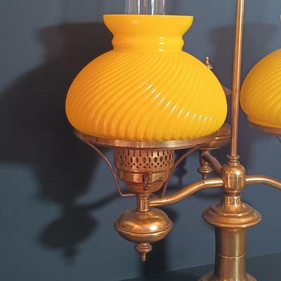 LOT 170: Brass Electrified Student Lamp with Yellow Glass Shades