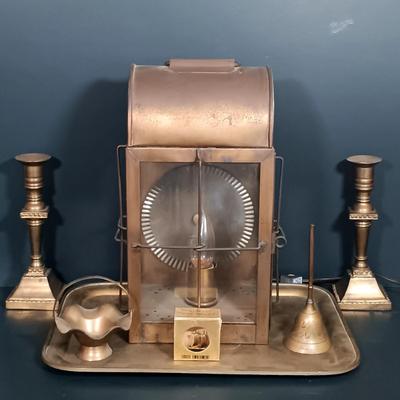LOT 176: Electrified Brass Ship's Lantern with a Collection of Brass Decor & Lucite Paperweight