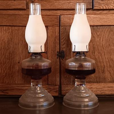 LOT 178: Pair of (2) Eagle Glass Oil Lamps w/ a 15" and 8" Glass Oil Lamp