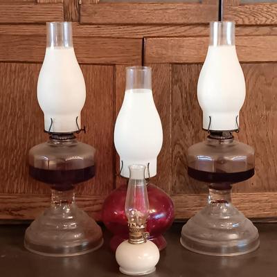 LOT 178: Pair of (2) Eagle Glass Oil Lamps w/ a 15" and 8" Glass Oil Lamp